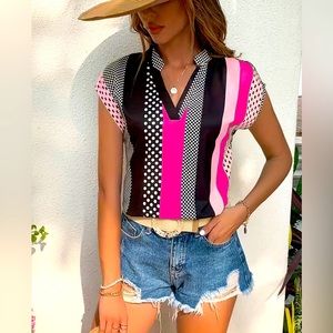 Pink Polka Dot Blouse Short Sleeves Women’s Plus Size Top XL